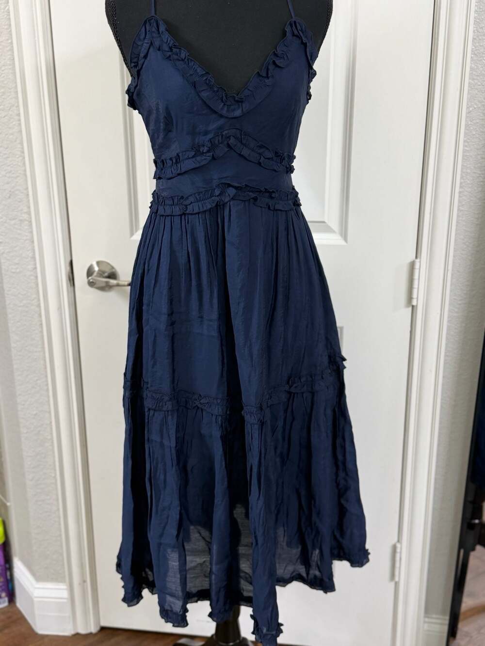 mi ami for francesca's Navy Ruffle Tiered Midi Dress